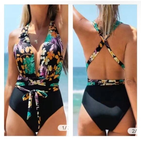 NWT Cupshe Valeria Criss Cross Tropical One Piece Swimsuit Women’s 2XL - Picture 1 of 11